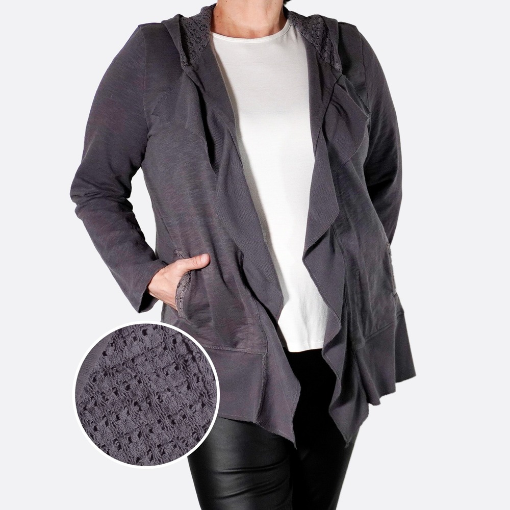 Chico's Hooded Crochet Cardigan Gray Ruffle Lace Open Front Jacket Large 0X 1X